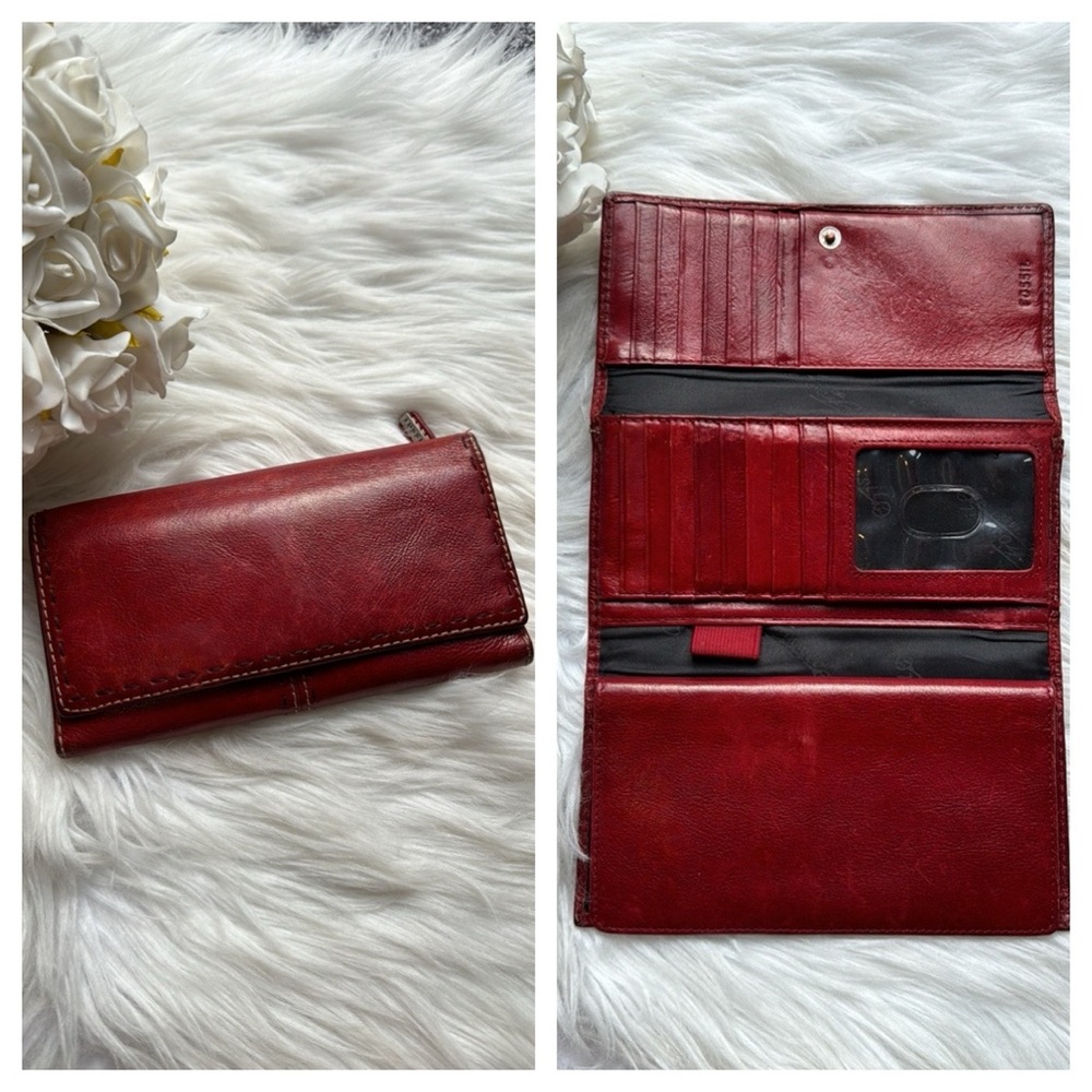 FOSSIL Soft Leather Trifold Billfold Wallet Deep Red Crimson with Stitching